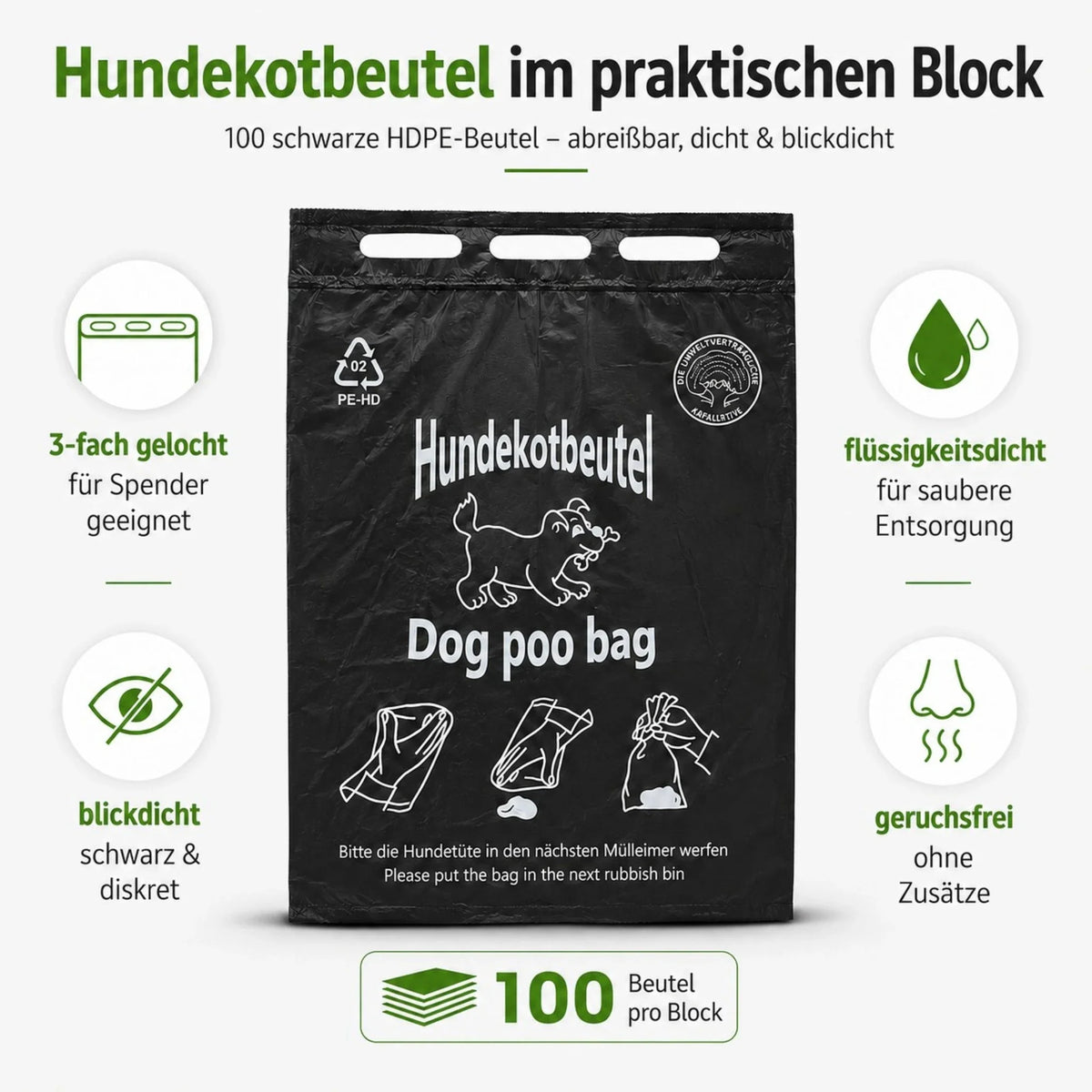 IG-AS Black Dog Poo Bags – 20 × 32 cm Poo Bags for Dogs, Blocks of 100