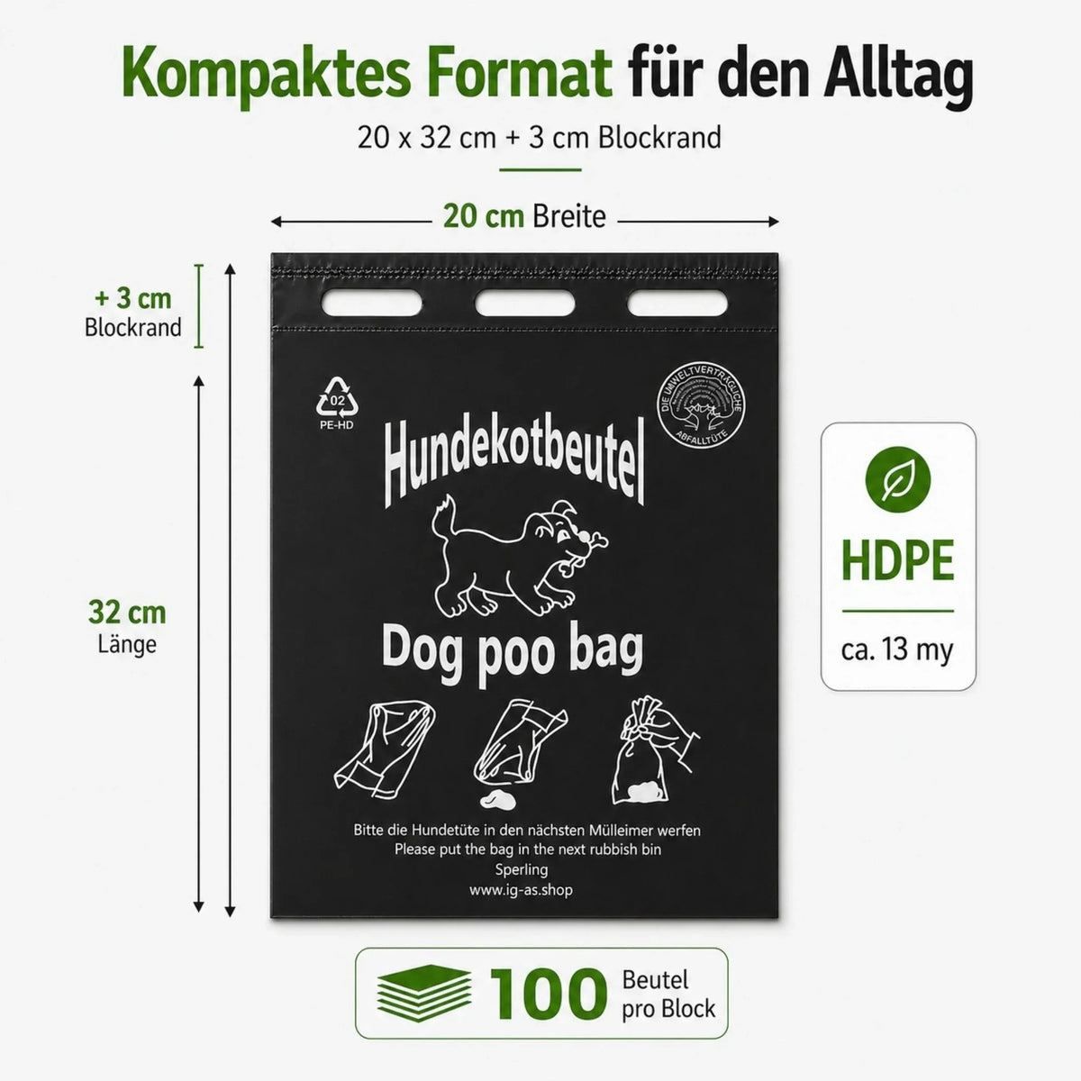 IG-AS Black Dog Poo Bags – 20 × 32 cm Poo Bags for Dogs, Blocks of 100
