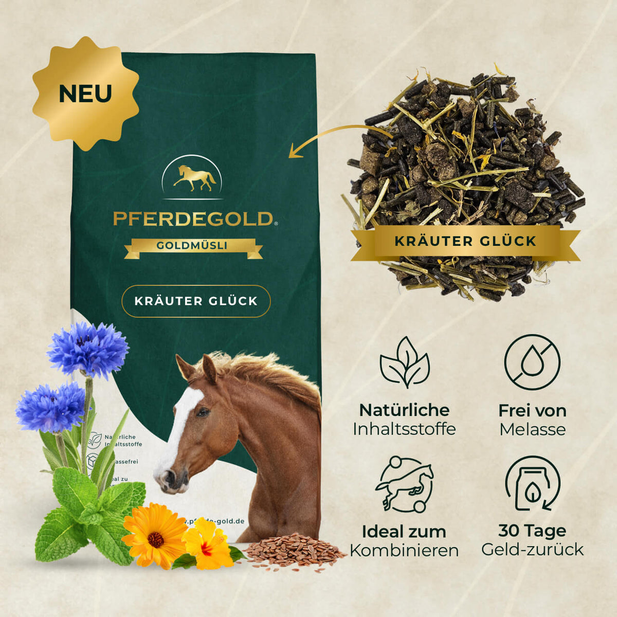 Pferdegold® Goldmüsli® Kräuter Glück – Horse Herbs Muesli, Grain-Free
