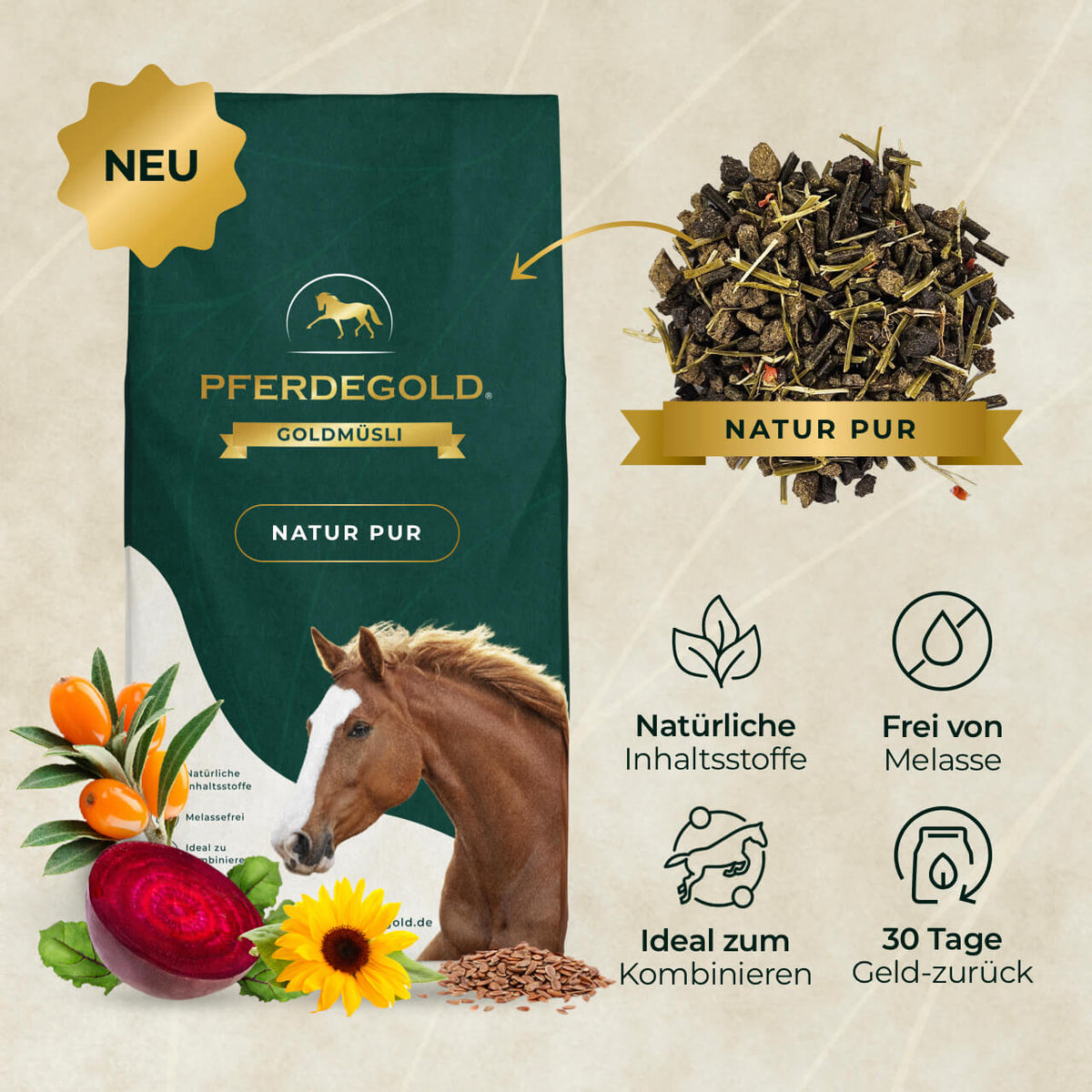 Pferdegold® Goldmüsli® Natur Pur – Grain-Free, High-Fibre Horse Feed