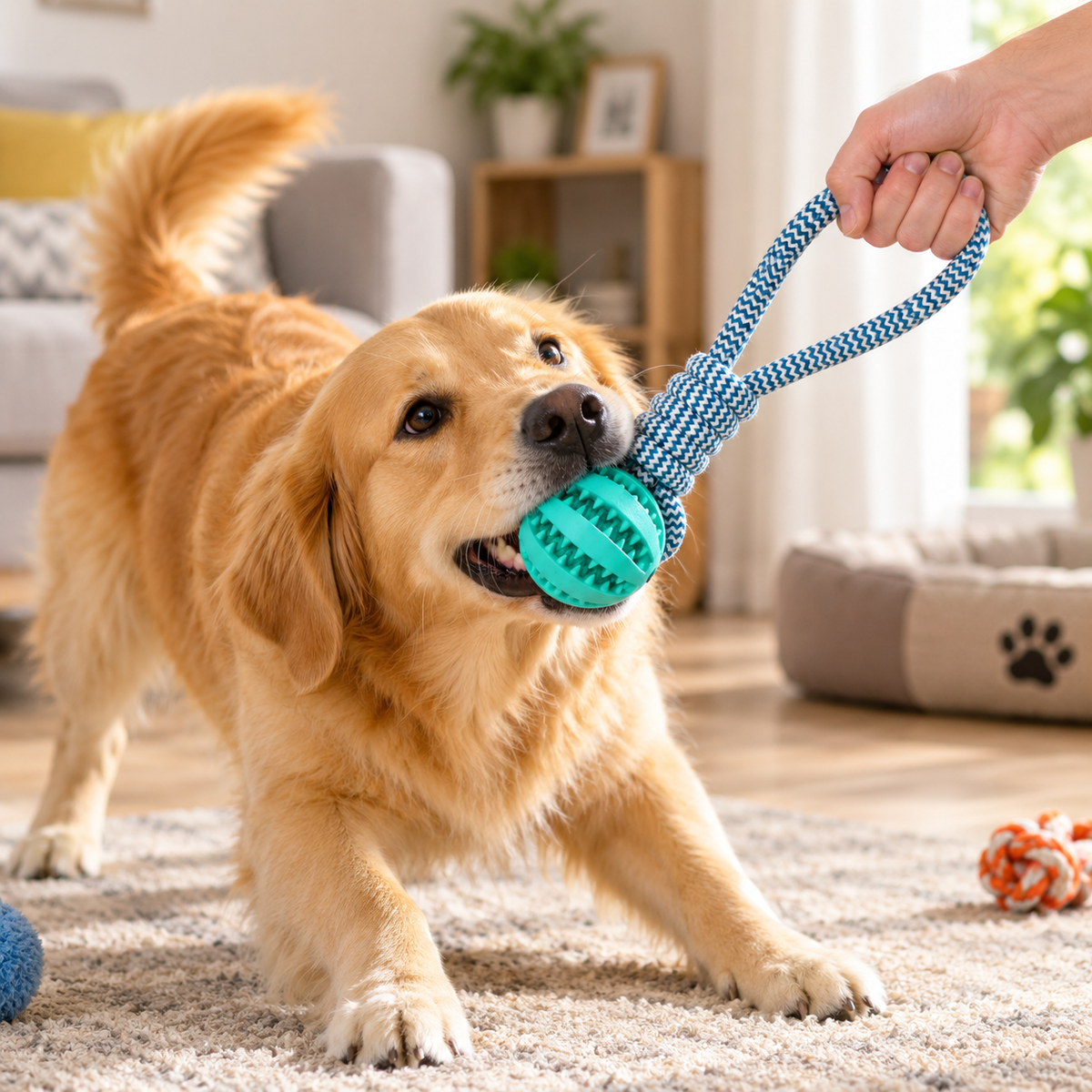 Dog Ball on a Rope – Rubber Dog Chew Toy with Cotton Rope, 25 cm