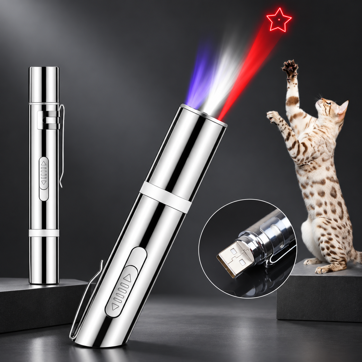 Rechargeable Cat Laser Toy 3-in-1 – Cat Laser Pointer, 4 Patterns & UV
