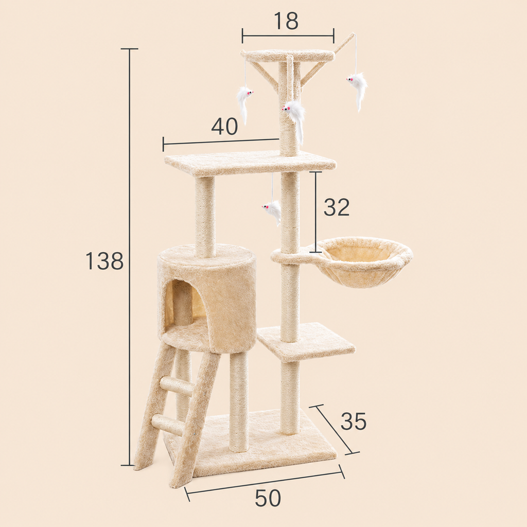 Medium Cat Tree, 138 cm – 5-Level Cat Tower with Sisal Posts