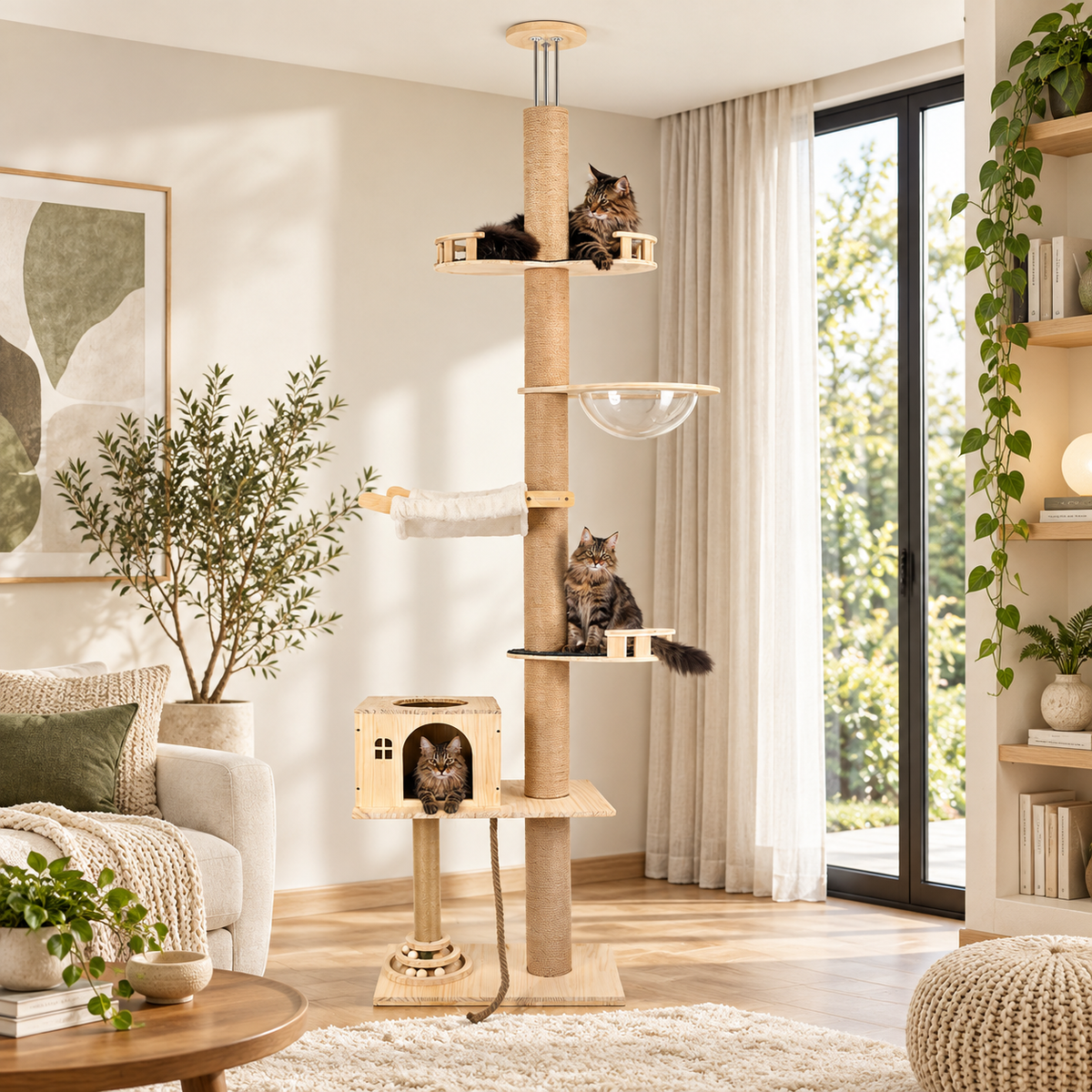 Floor-to-Ceiling Cat Tree, 206–279 cm – 6 Levels, Sisal Posts, Hammock