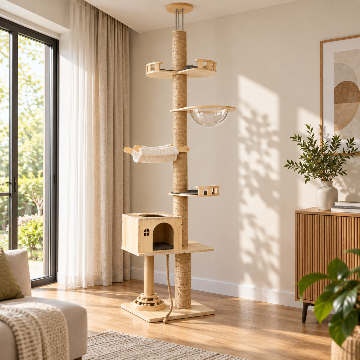 Floor-to-Ceiling Cat Tree, 206–279 cm – 6 Levels, Sisal Posts, Hammock
