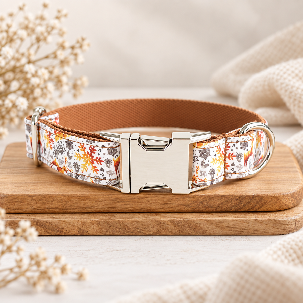 Christmas Dog Collar with Bow Tie – Dog Collar and Lead Set, Beige