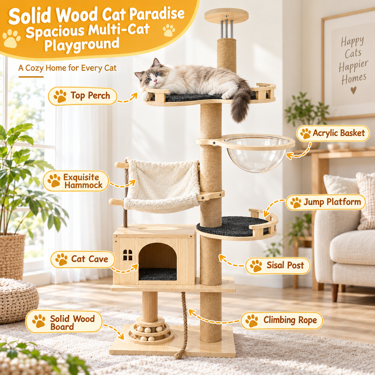 Floor-to-Ceiling Cat Tree, 206–279 cm – 6 Levels, Sisal Posts, Hammock