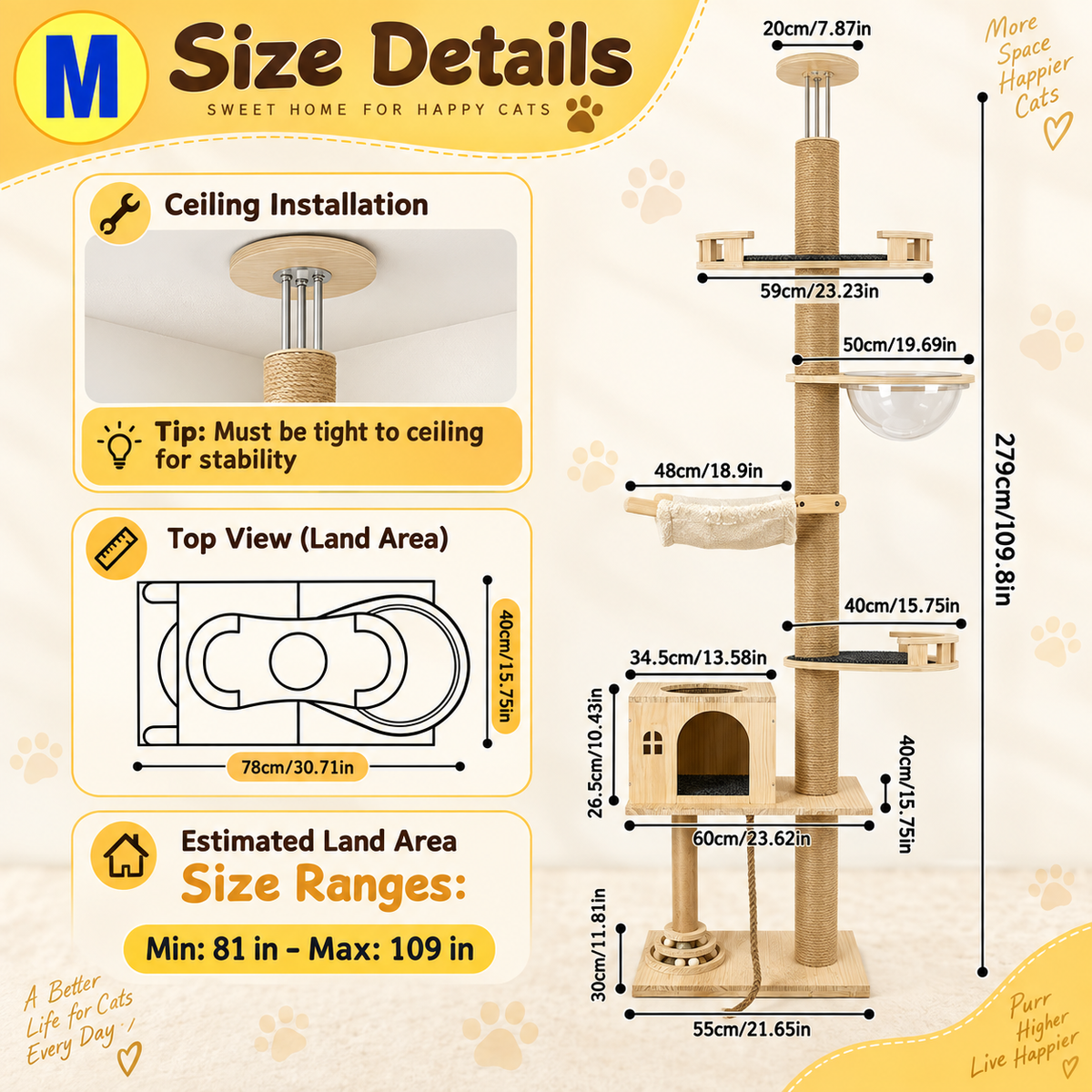 Floor-to-Ceiling Cat Tree, 206–279 cm – 6 Levels, Sisal Posts, Hammock