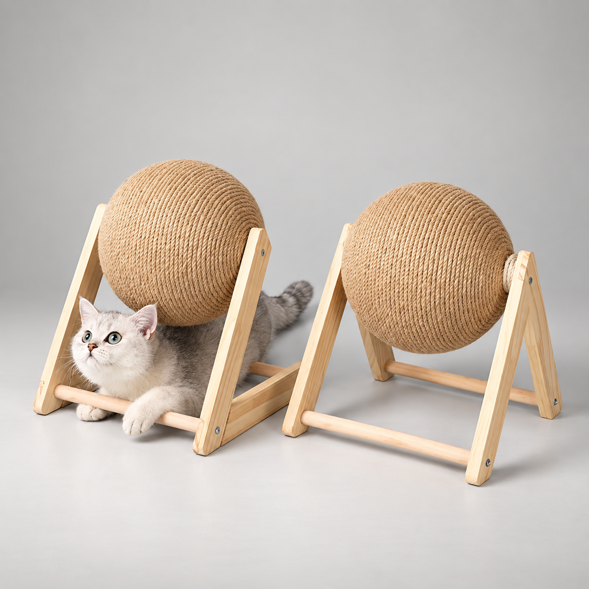 Sisal Cat Scratcher Ball – Cat Scratching Toy, Wooden Frame, 3 Designs